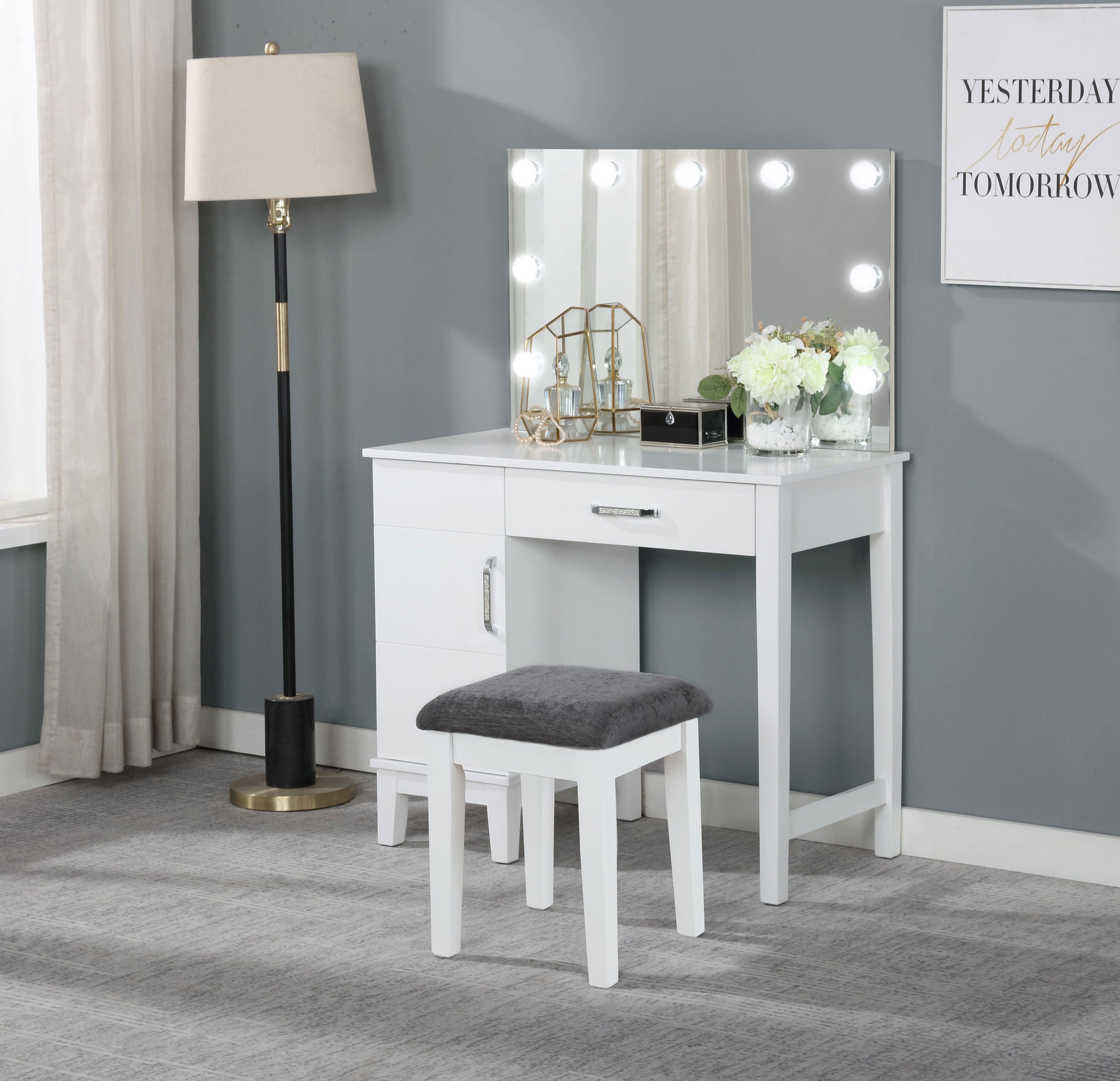Elijah Makeup Vanity Table with LED Mirror and Stool - Romeo & Juliet Furniture (Warren,MI)