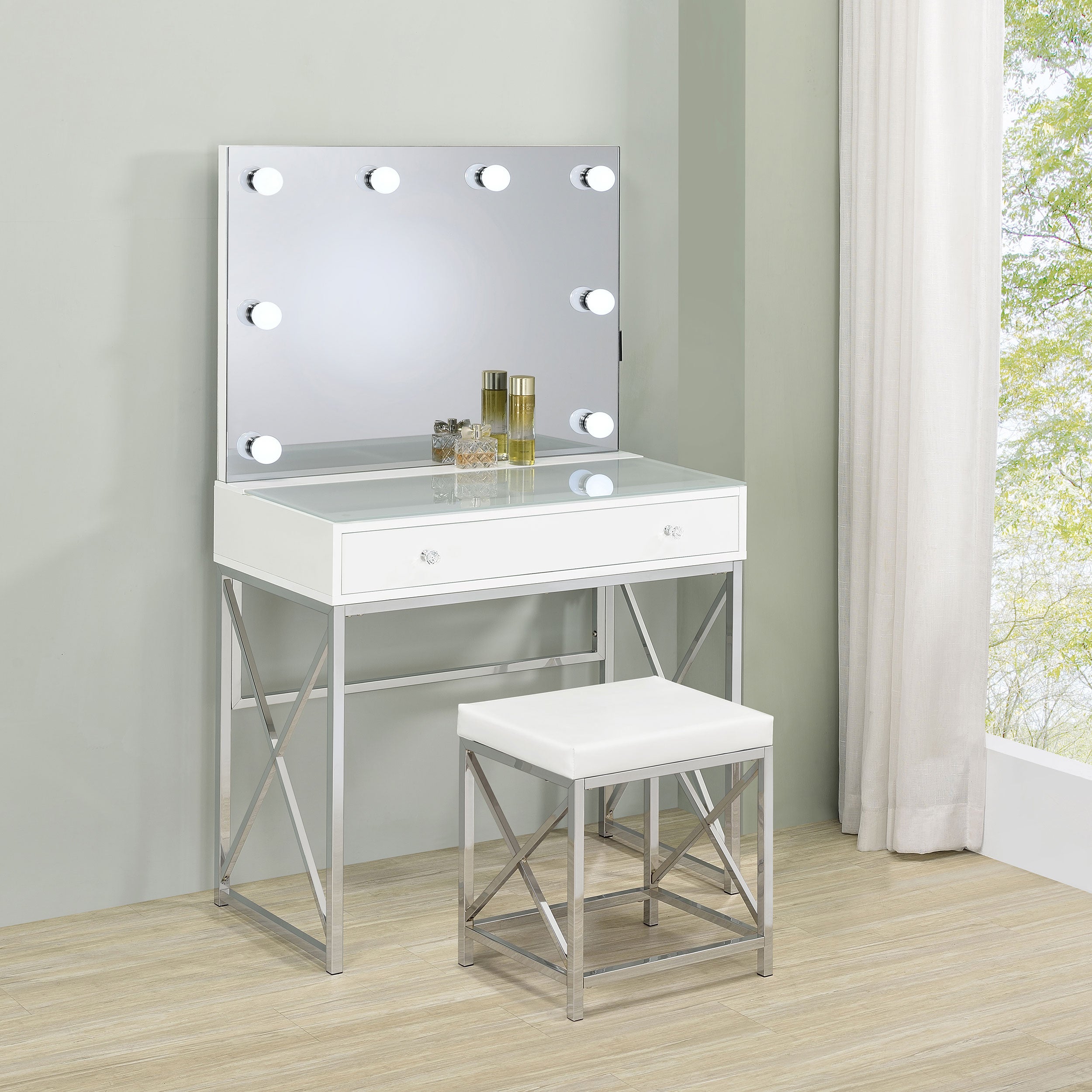 Eliza Makeup Vanity Table with LED Mirror and Stool - Romeo & Juliet Furniture (Warren,MI)