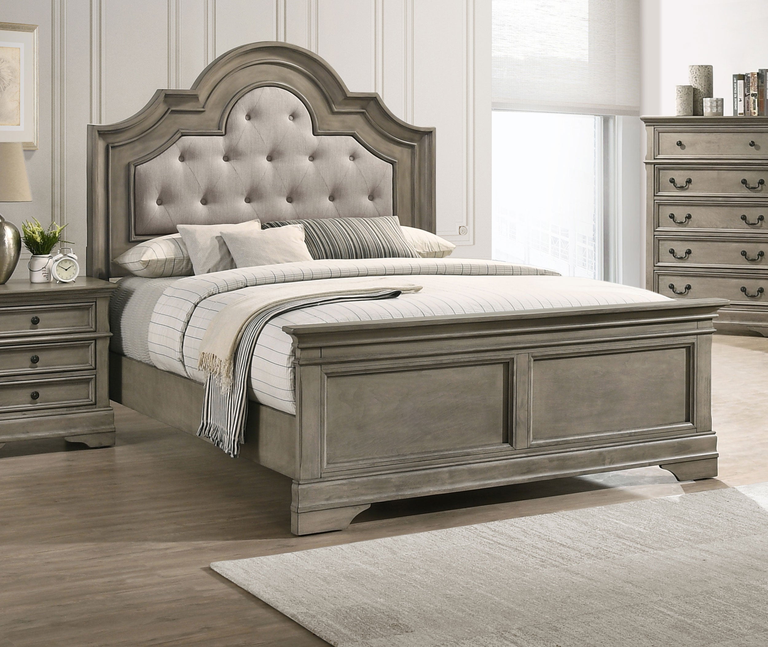 Manchester Bed with Upholstered Arched Headboard Beige and Wheat - Romeo & Juliet Furniture (Warren,MI)