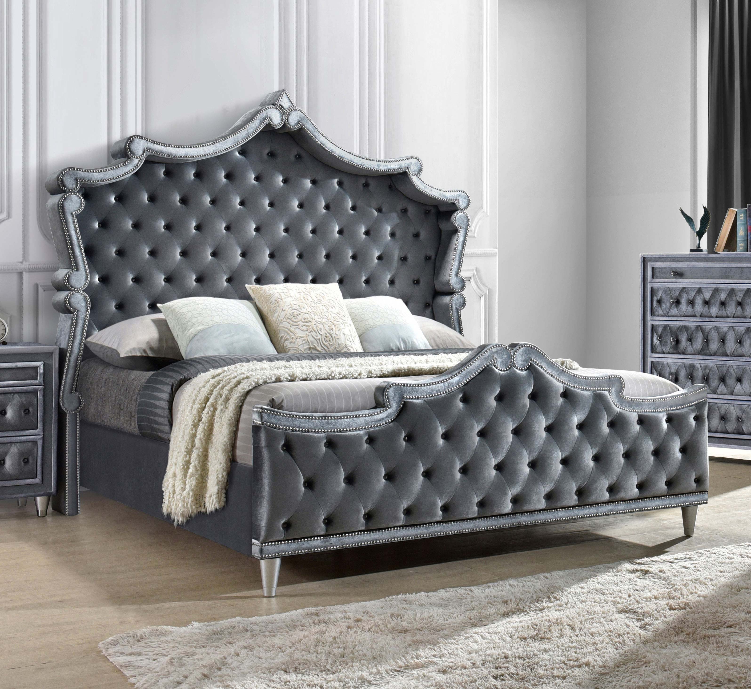 Antonella Upholstered Tufted Eastern King Bed Grey - Romeo & Juliet Furniture (Warren,MI)