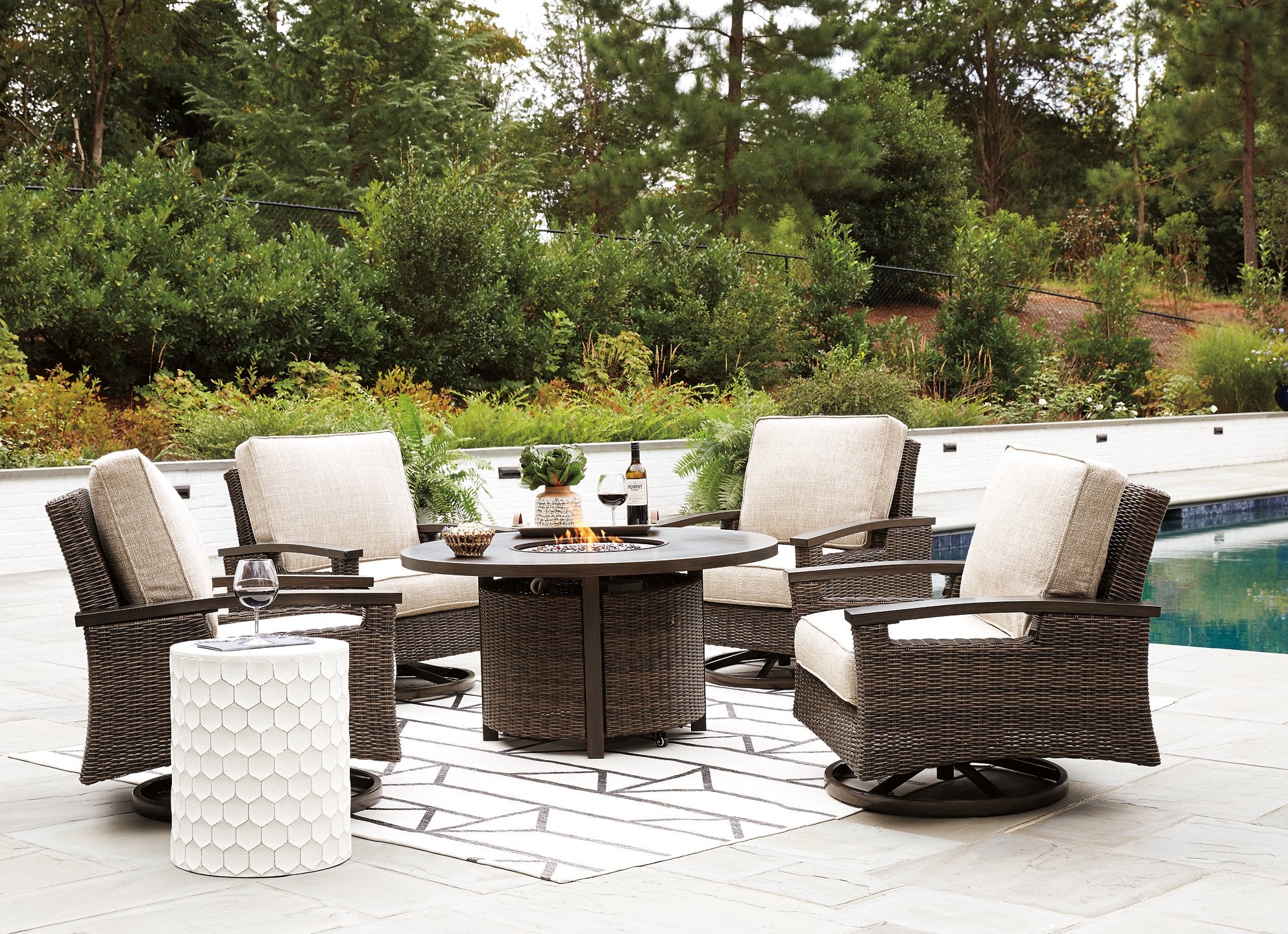 Paradise Trail Paradise Trail Fire Pit Table with 4 Nuvella Swivel Lounge Chairs - Romeo & Juliet Furniture (Warren,MI)